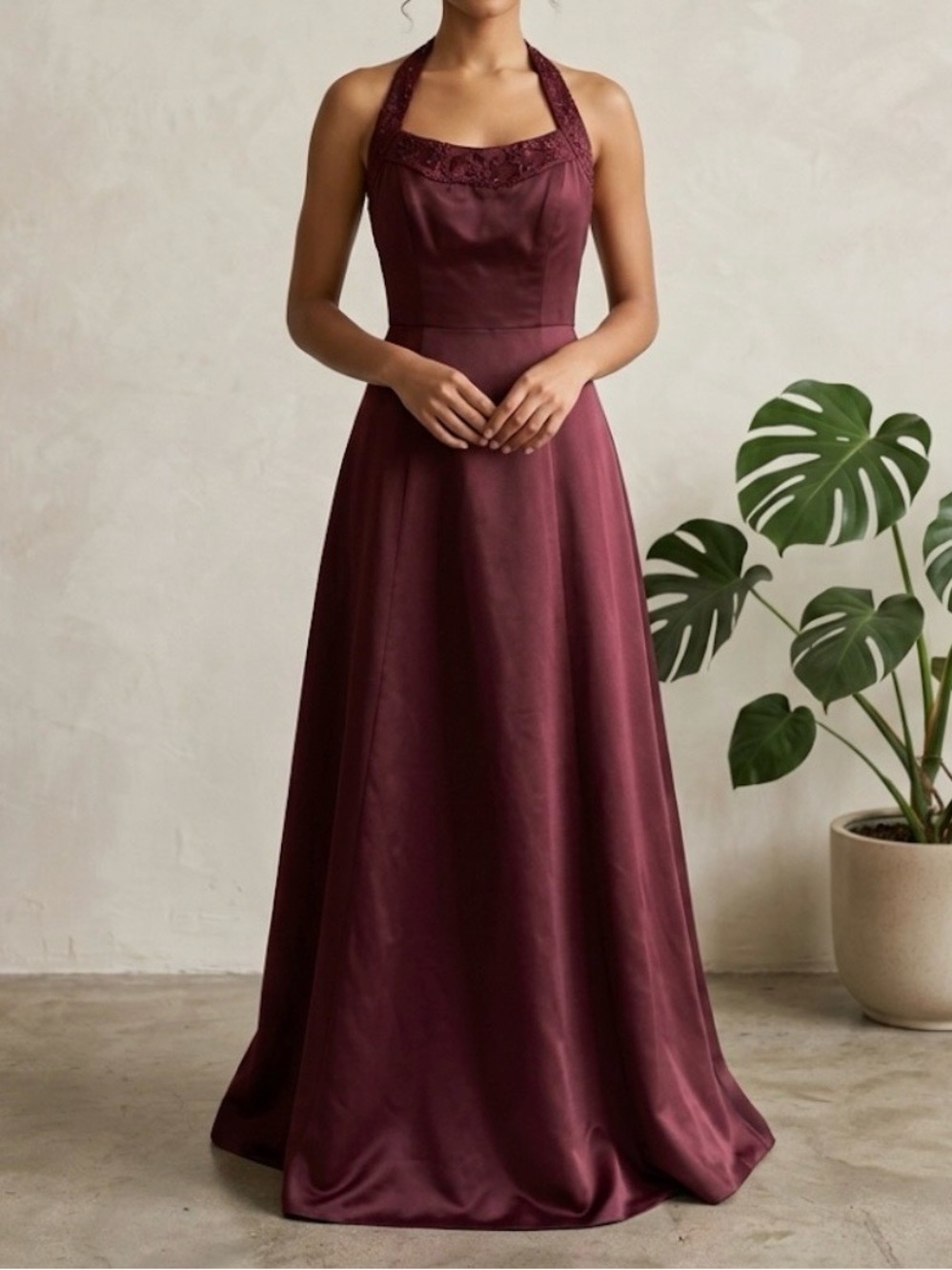 Mori Lee 2001 Burgundy Halter Satin Gown Size 7/8 Y2K Bridesmaid Dress